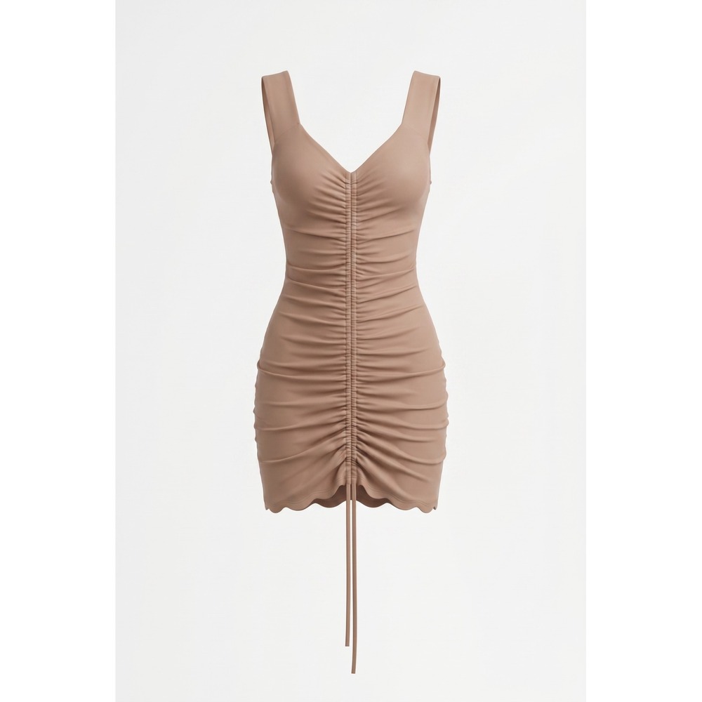 Fashion Nova Ruched Mini Dress Tan Nude V-Neck Drawstring Bodycon Small D1421